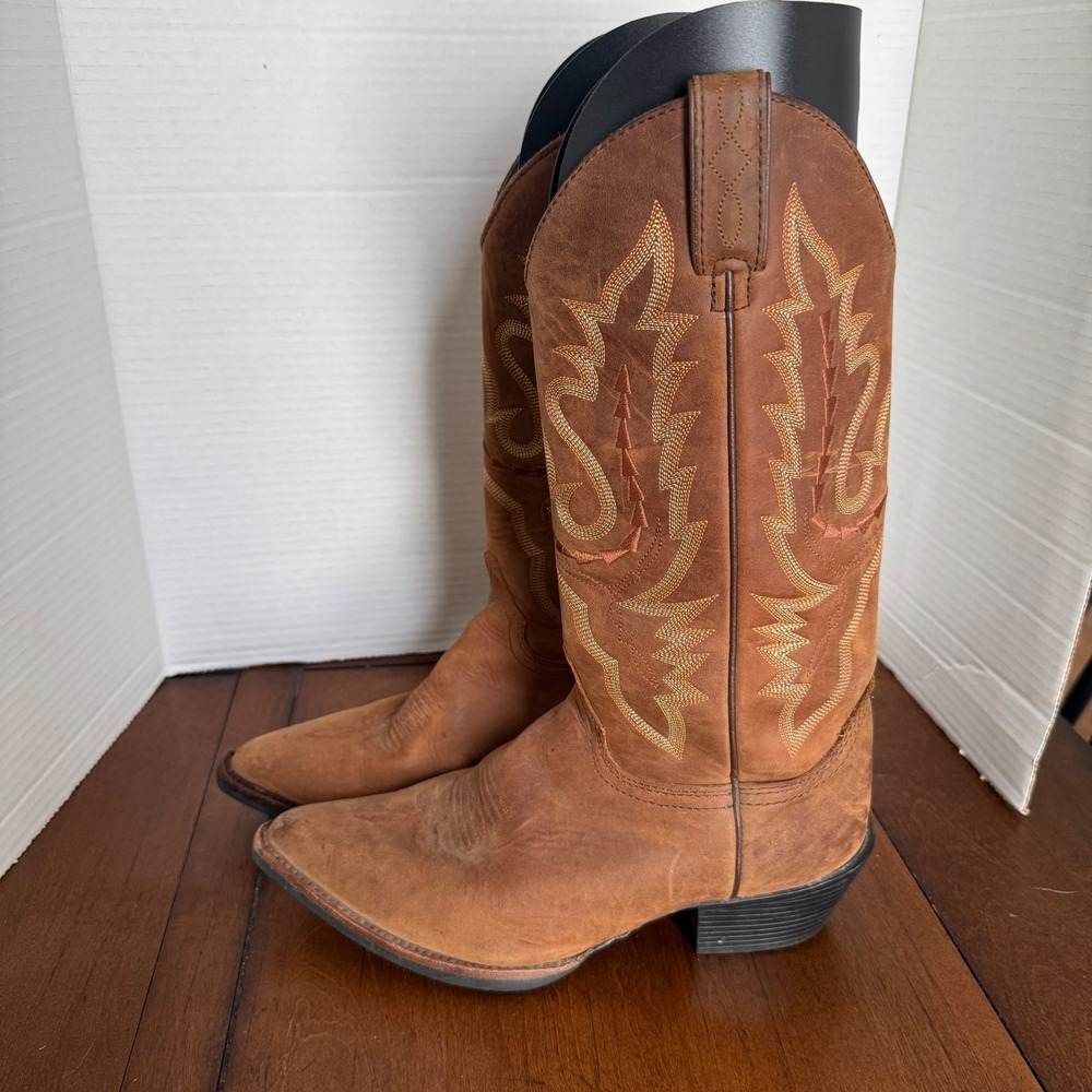 Justin Women Tan Leather Embroidered Western Cowboy Boots Pointed Toe L4966 8B